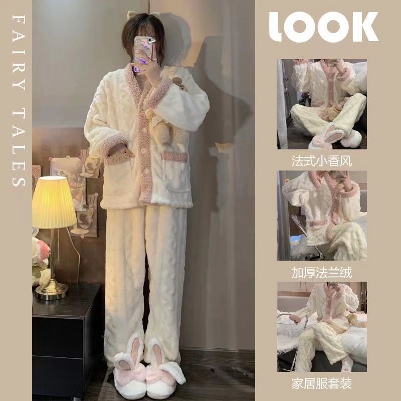珊瑚絨睡衣女秋冬季加厚保暖可愛法蘭絨家居服2023新款可外穿套裝
