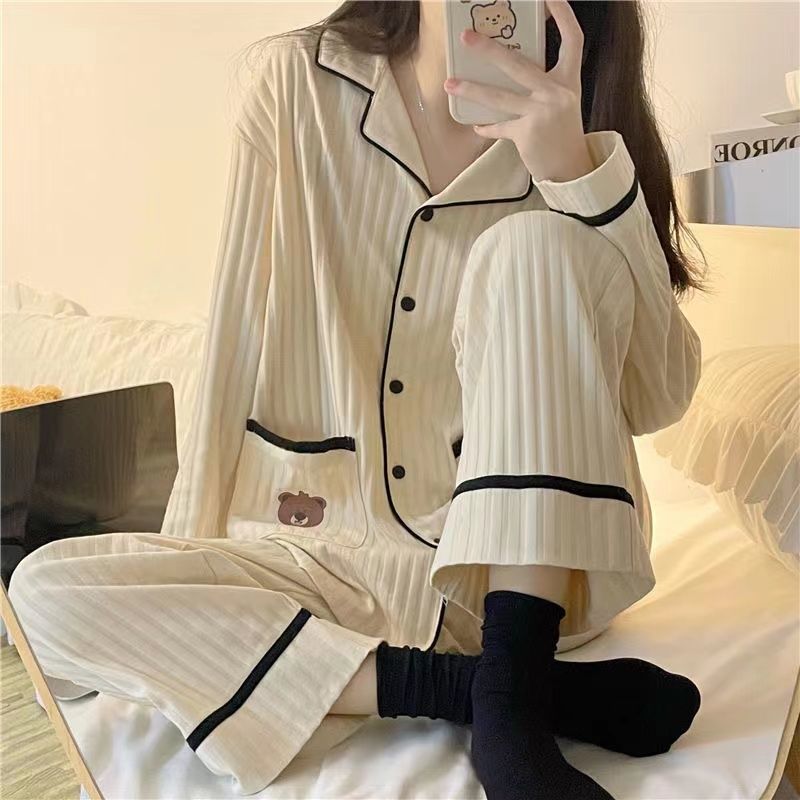 Korean version of ins pajamas women's spring and autumn long-sleeved loose sweet can be worn outside cute bear student home service suit