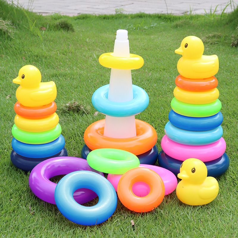 彩虹塔套圈圈小鸭子早教轨道滑球塔叠叠乐0-3 岁拼装可咬儿童玩具