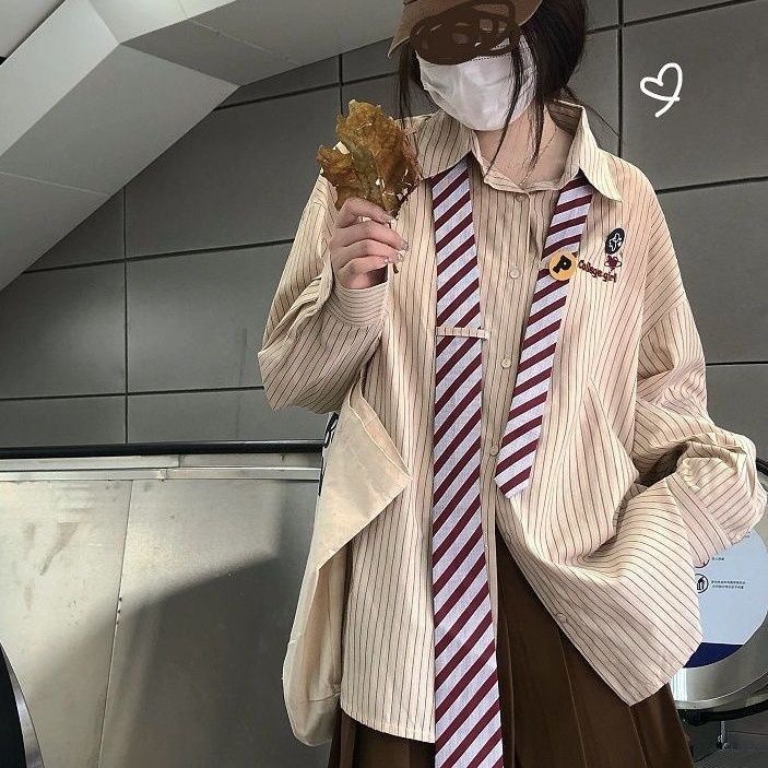 Tie striped shirt for women autumn new college style loose vintage style student shirt bestie outfit