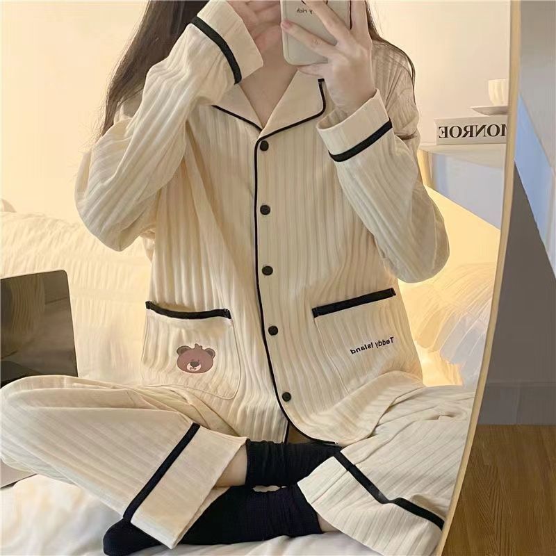 Korean version of ins pajamas women's spring and autumn long-sleeved loose sweet can be worn outside cute bear student home service suit