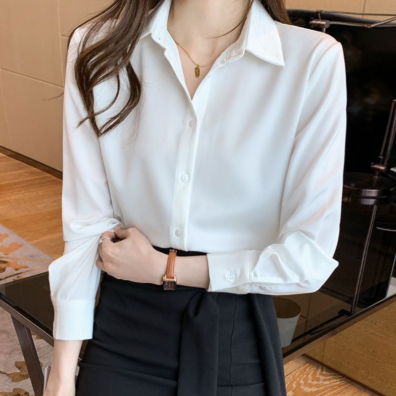 雪紡打底衫女春秋新款輕奢感白襯衫通勤簡約風POLO領長袖襯衣上衣