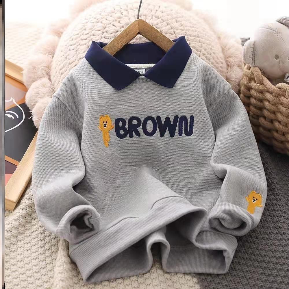 Boys fleece sweater 2023 autumn and winter new children's embroidered foreign style polo shirt thickened warm bottoming top trend