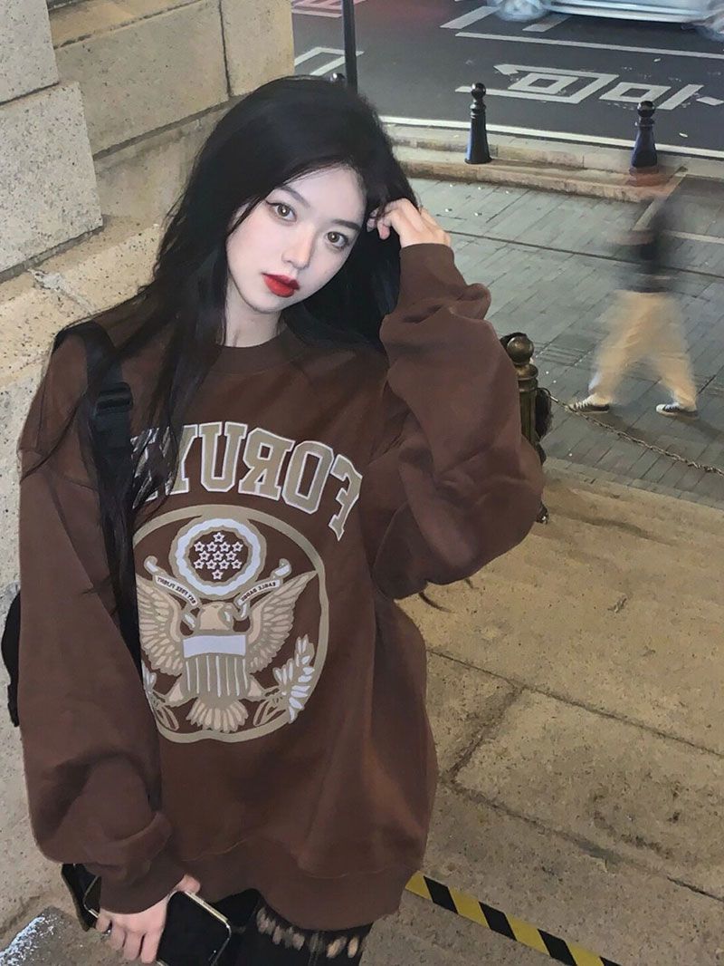 美式ins街頭衛衣女薄款寬鬆復古oversize圓領懶惰國潮長袖上衣潮