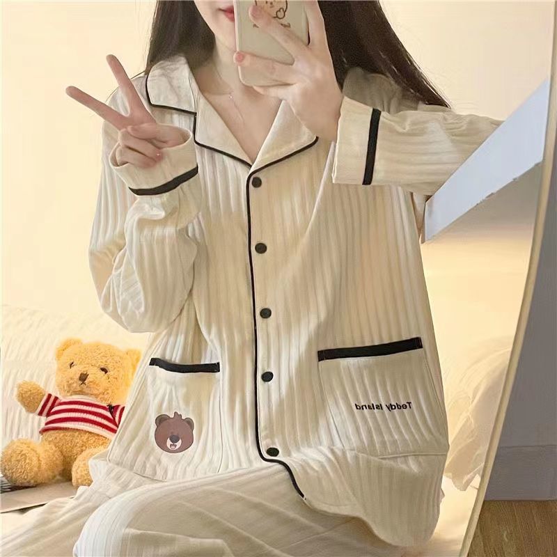 Korean version of ins pajamas women's spring and autumn long-sleeved loose sweet can be worn outside cute bear student home service suit