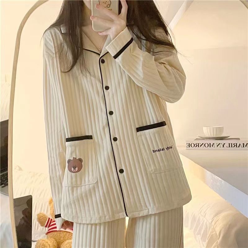 Korean version of ins pajamas women's spring and autumn long-sleeved loose sweet can be worn outside cute bear student home service suit