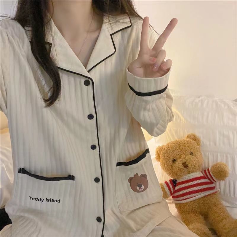 Korean version of ins pajamas women's spring and autumn long-sleeved loose sweet can be worn outside cute bear student home service suit