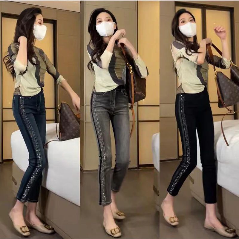 重工燙鑽牛仔褲女2023春季設計感時尚百搭顯瘦高腰彈力九分鉛筆褲