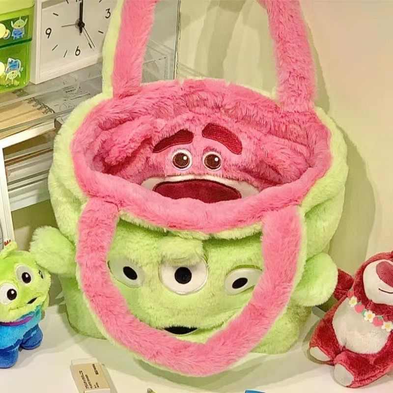 Disney Plush Strawberry Bear Cloth Bag Shoulder Bag Hand Shopping Bag Large Capacity Three-Eyed Double-Sided Women's Bag Trendy