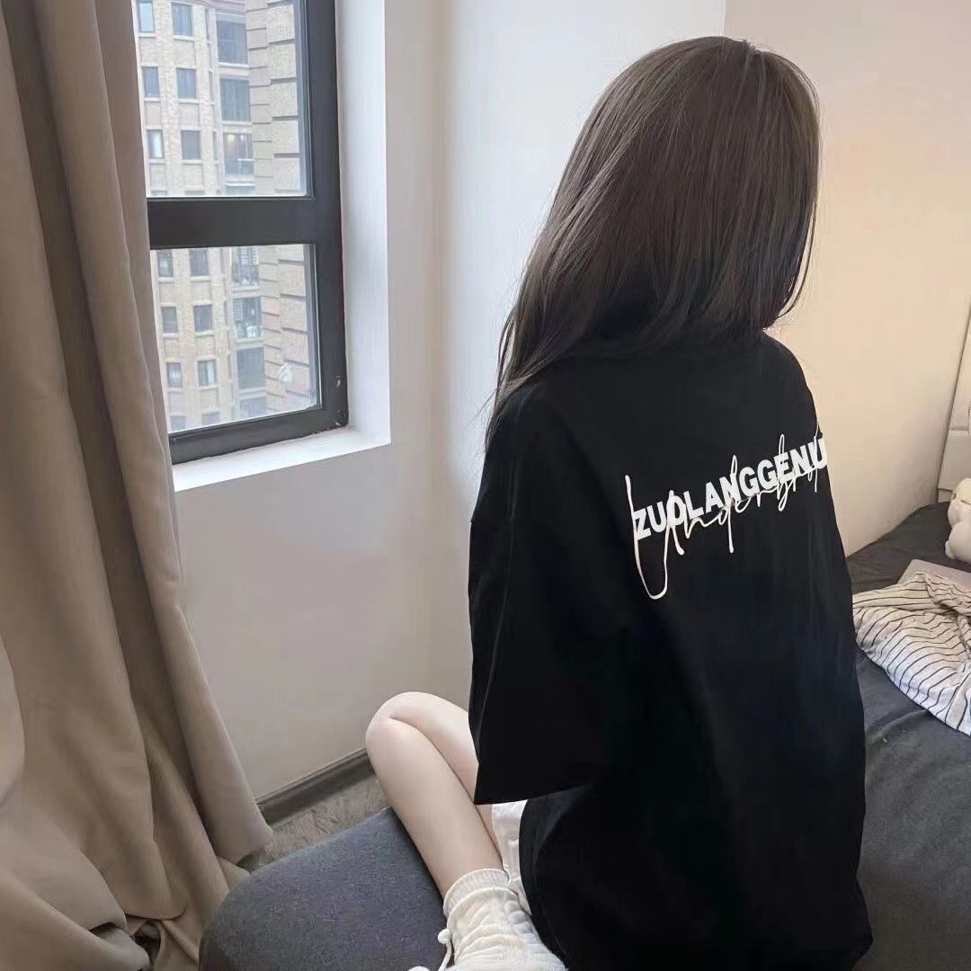 100%純棉oversize短袖黑色t恤女寬鬆韓版字母印花學生休閒上衣夏
