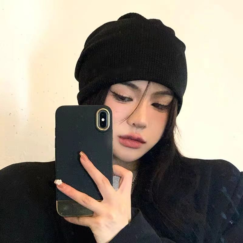 Autumn and winter knitted hats women's pile hats Japanese black wild wool big head circumference Baotou confinement cold hat men's tide