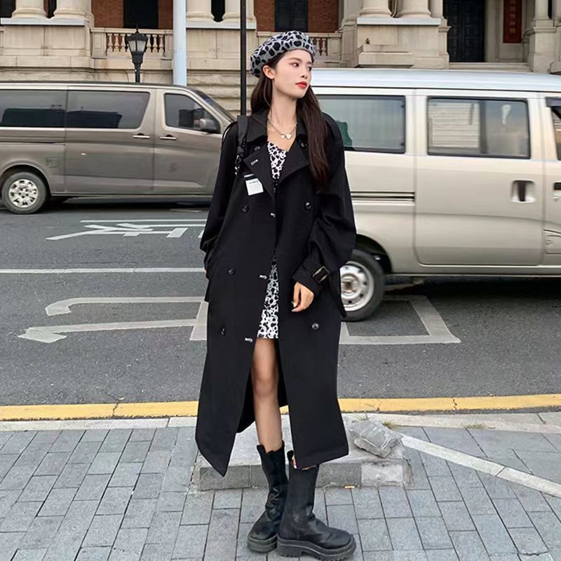 Windbreaker black long coat autumn 2022 new Hong Kong style Harajuku over the knee thin popular long-sleeved coat women's clothing