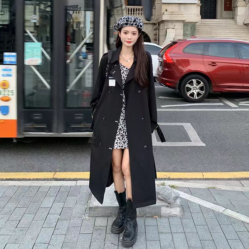 Windbreaker black long coat autumn 2022 new Hong Kong style Harajuku over the knee thin popular long-sleeved coat women's clothing