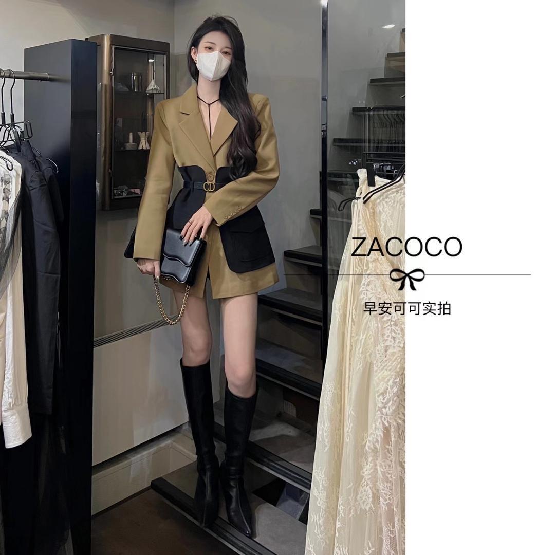 Plus-size female Korean version retro fashion temperament mid-length contrast color splicing suit jacket foreign style tooling color matching suit