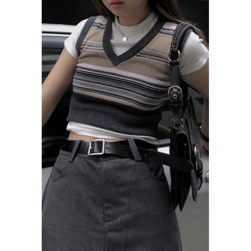 學院風復古V領條紋針織背心馬甲休閒夏日短袖白T疊穿上衣女兩件套