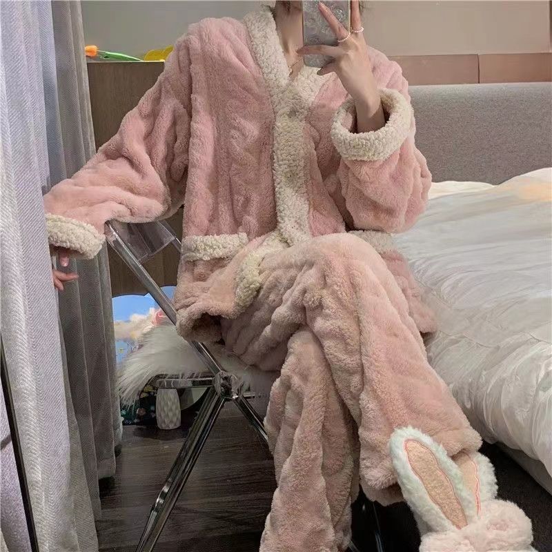 珊瑚絨睡衣女士秋冬季ins風高顏值加絨加厚法蘭絨家居服套裝冬天