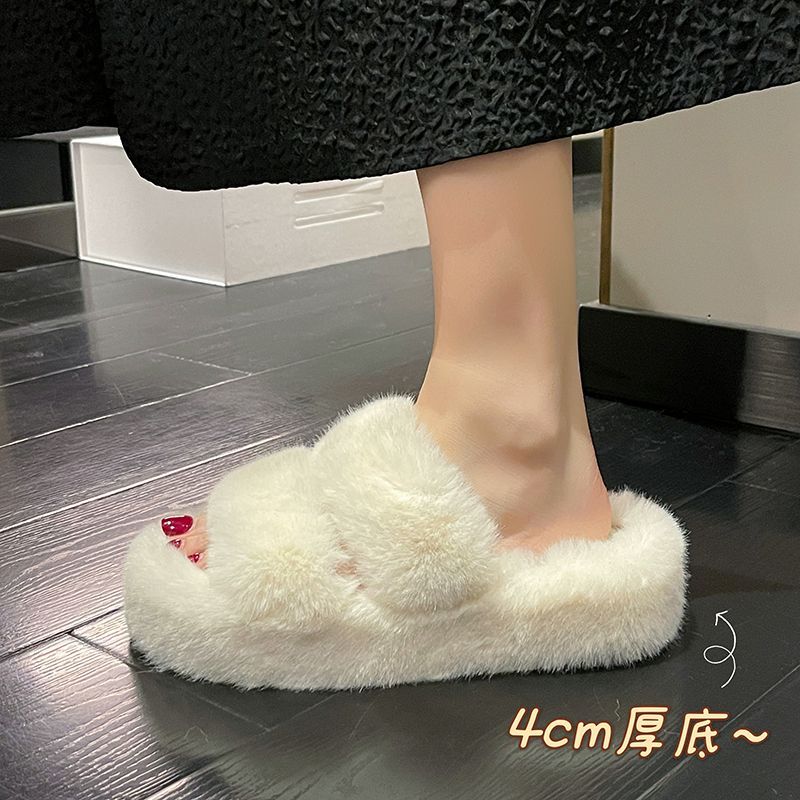 ins厚底高跟毛毛拖鞋女外穿2022新款韓版增高時尚坡跟懶人棉拖潮