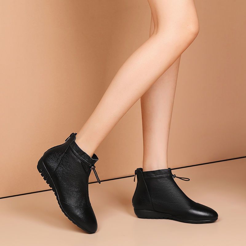 Dragonfly brand leather short boots women  new autumn women's single boots plus velvet Martin boots soft bottom wedge mother shoes