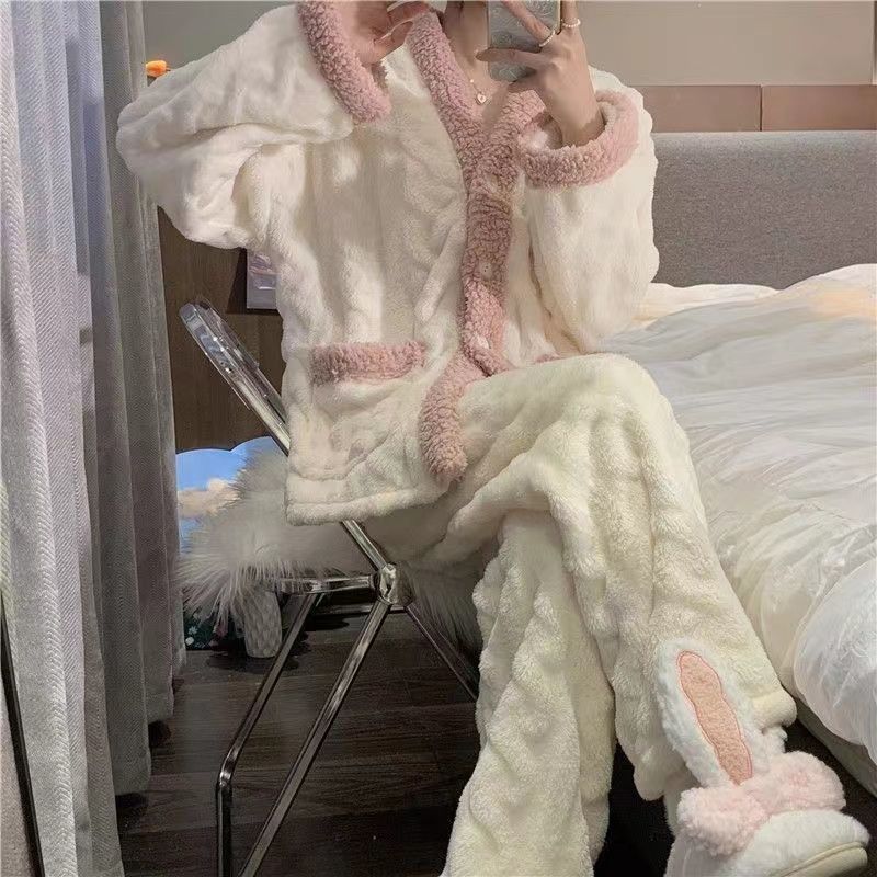 珊瑚絨睡衣女士秋冬季ins風高顏值加絨加厚法蘭絨家居服套裝冬天