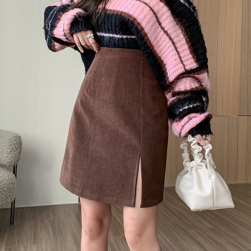 燈芯絨半身裙女2022秋冬新款高腰A字中裙防走光包臀開叉一步裙子