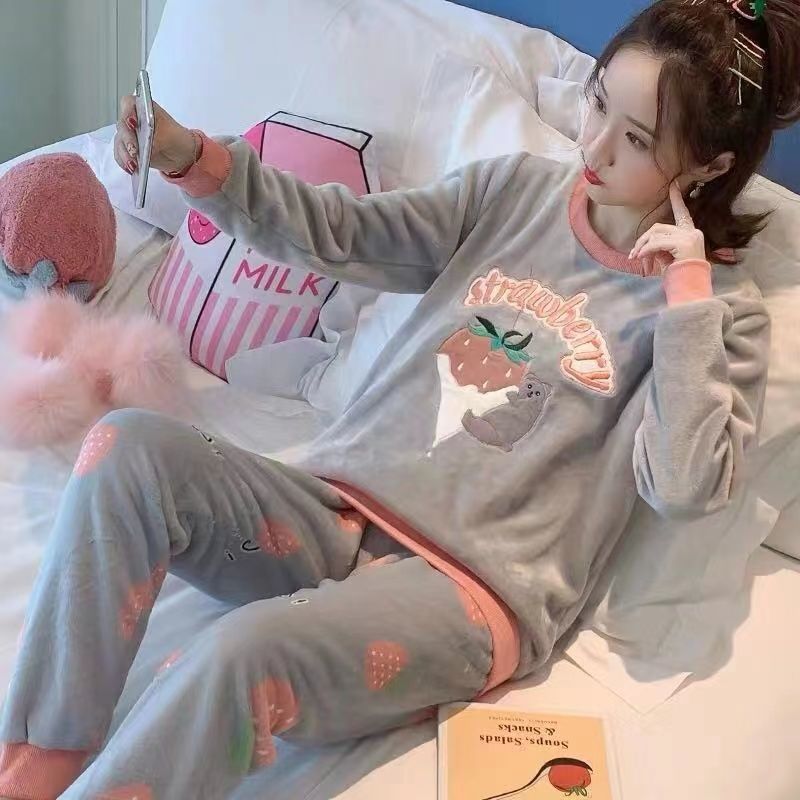 Pajamas ladies autumn and winter cute long-sleeved plus size spring home service suit Korean version can be worn outside winter suit pajamas