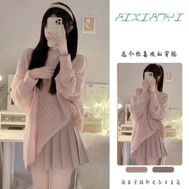 [Two-piece suit] Korean sweet pullover sweater women's lazy wind loose knit top student pleated skirt