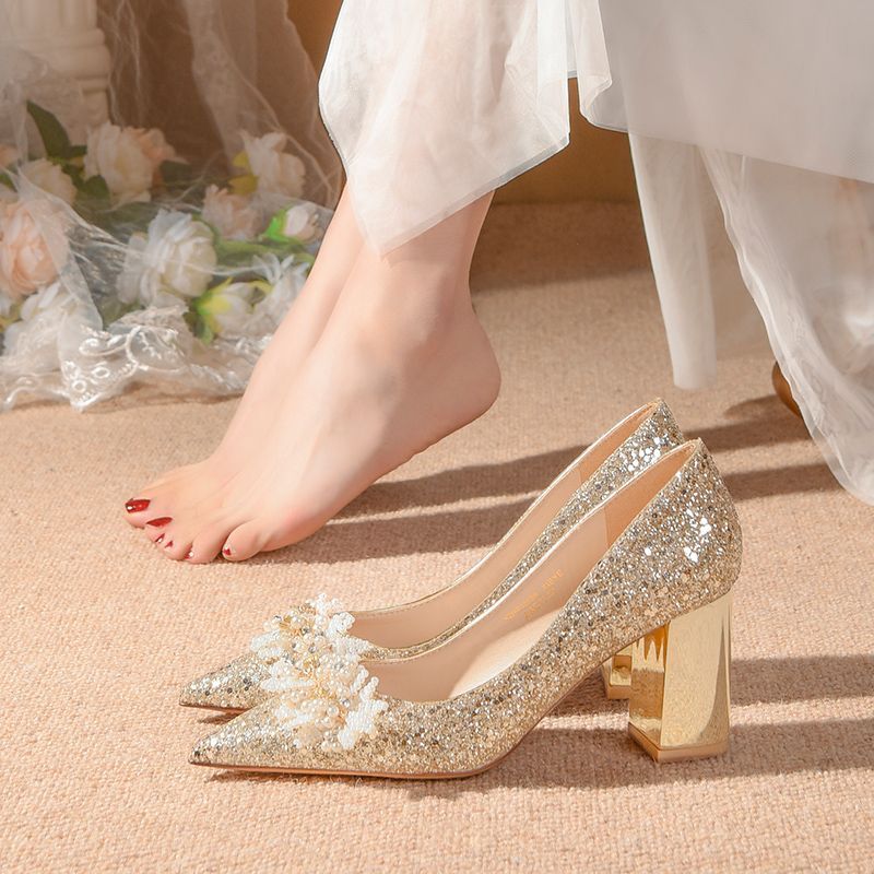 粗跟婚鞋女2023秀禾婚紗照婚紗鞋兩穿新娘鞋不累腳孕婦水晶高跟鞋