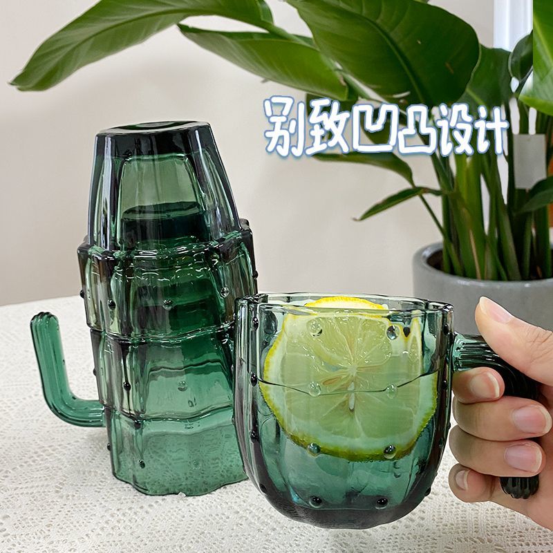 仙人掌玻璃杯子套装喝水高颜值水杯家用创意ins风可叠套杯组茶杯