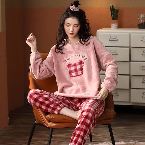 Pajamas ladies autumn and winter cute long-sleeved plus size spring home service suit Korean version can be worn outside winter suit pajamas
