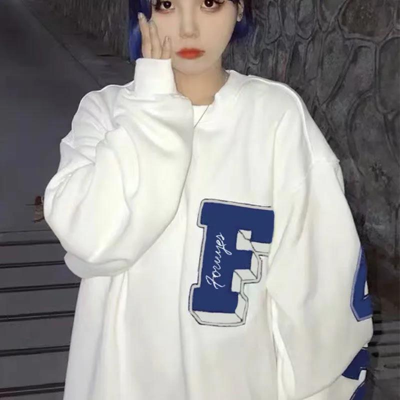 春季新款ins韓版寬鬆小眾設計百搭印花學生圓領衛衣女BF風上衣潮
