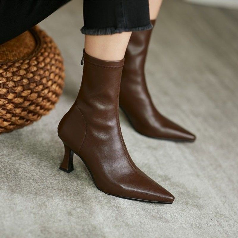 Brown short boots women's high-heeled  autumn and winter new stiletto soft leather temperament nude boots pointed toe elastic thin boots