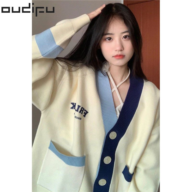 OUDIFU 日系学院风拼色V领刺绣毛衣开衫入秋外套女学生韩版针织衫