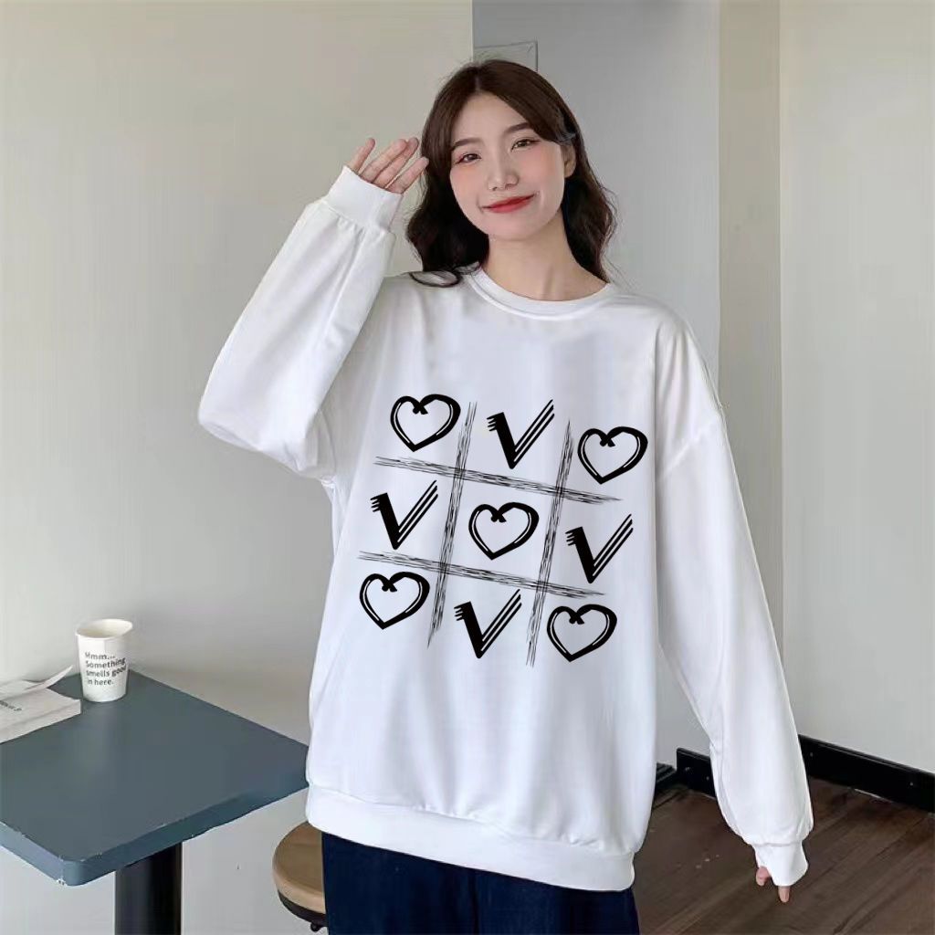 新款2022秋季美式慵懶風愛心印花寬鬆百搭套頭外套圓領衛衣女上衣