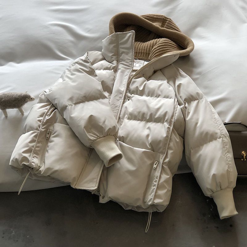 韓國東大門2022冬季新款毛線帽棉服短款女韓版寬鬆棉衣麵包服外套