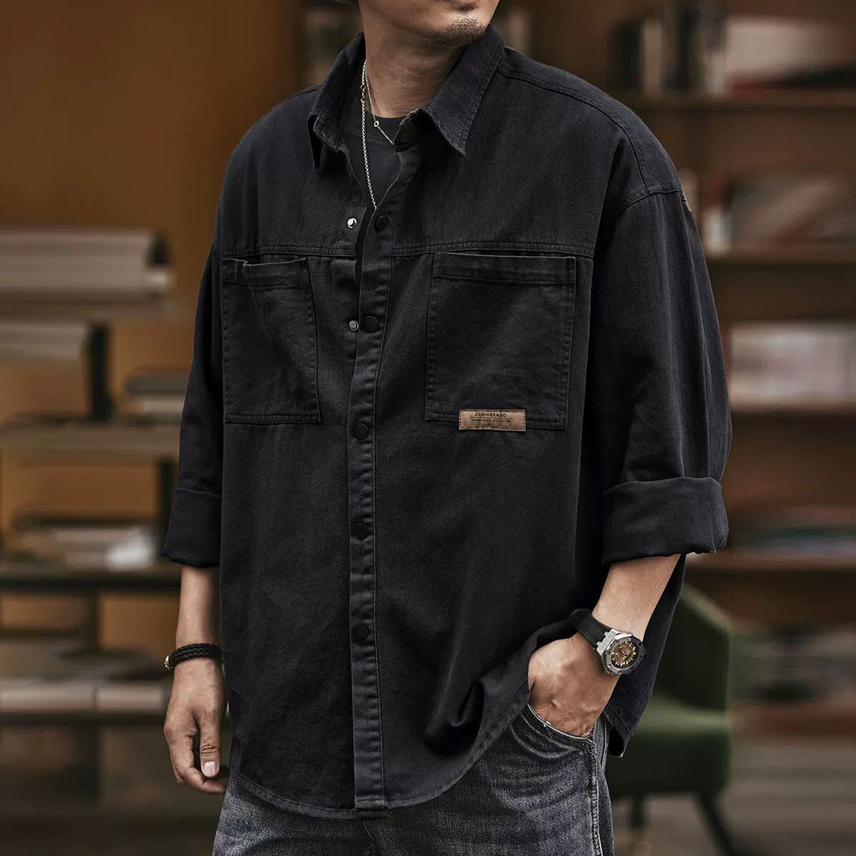 American retro casual men's tooling shirt jacket 2022 spring and autumn construction site loose tide brand men's long-sleeved shirt