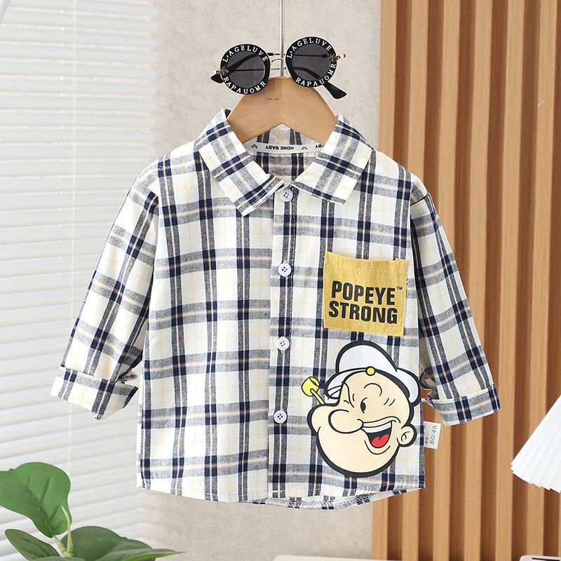 男童长袖2022春秋装新款儿童装小熊宝宝棉质白韩版衬衣潮卡通衬衫