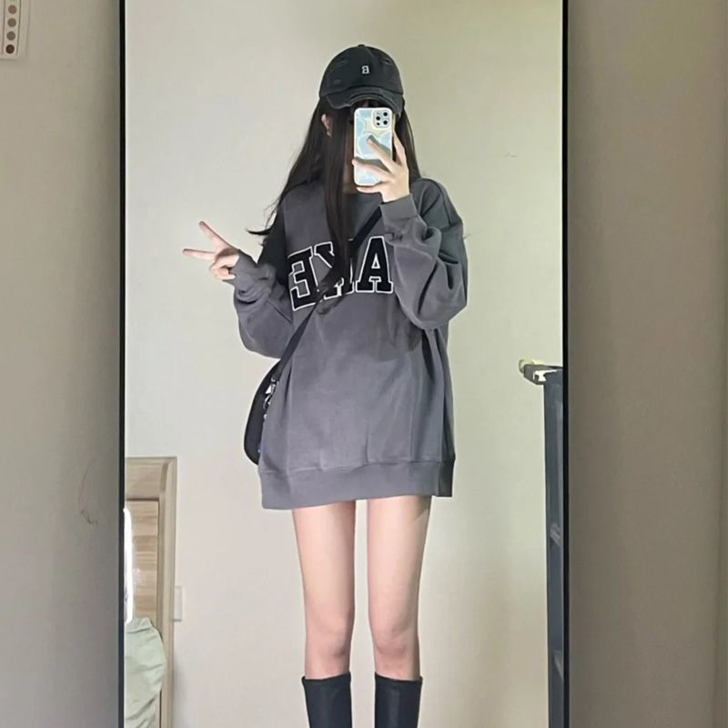 吉兔狗 纯棉卫衣女秋冬气质甜美字母印花宽松圆领套头早秋上衣女