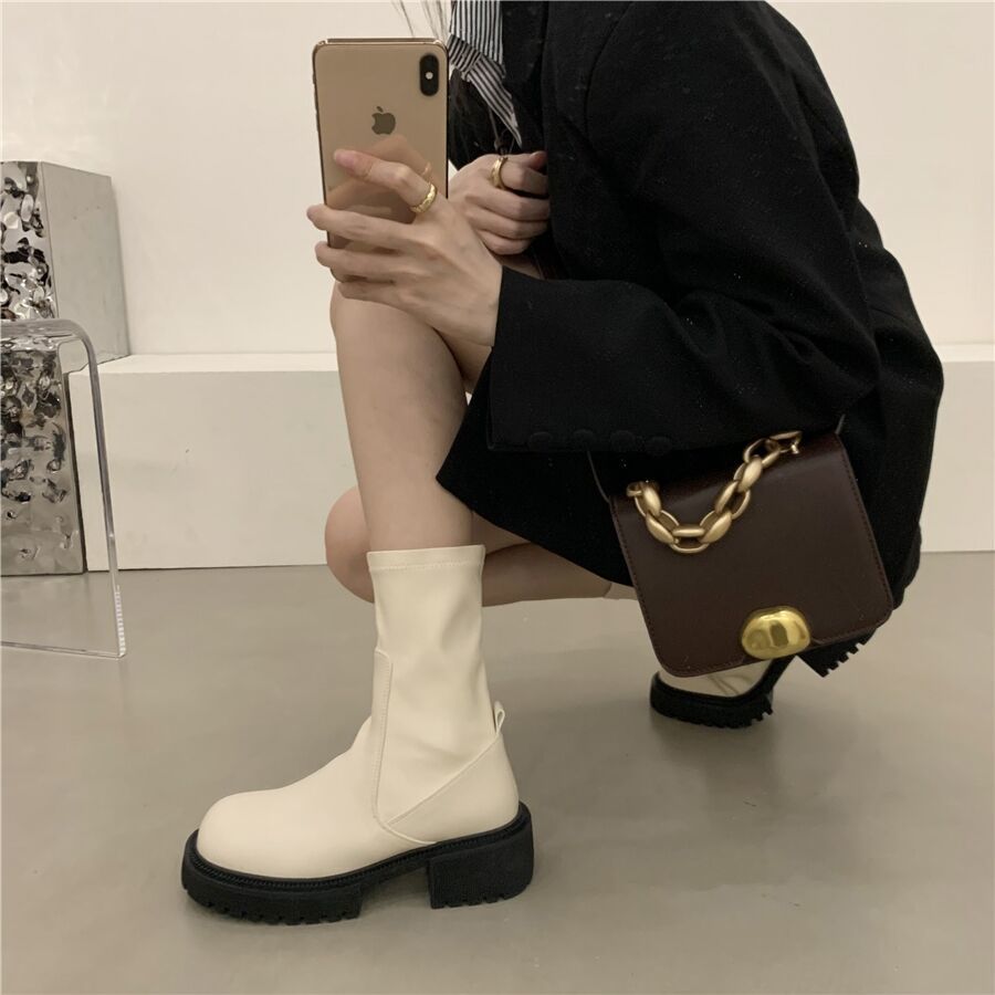 瘦瘦靴厚底馬丁靴女2022冬加絨新款中筒切爾西靴百搭法式小短靴潮