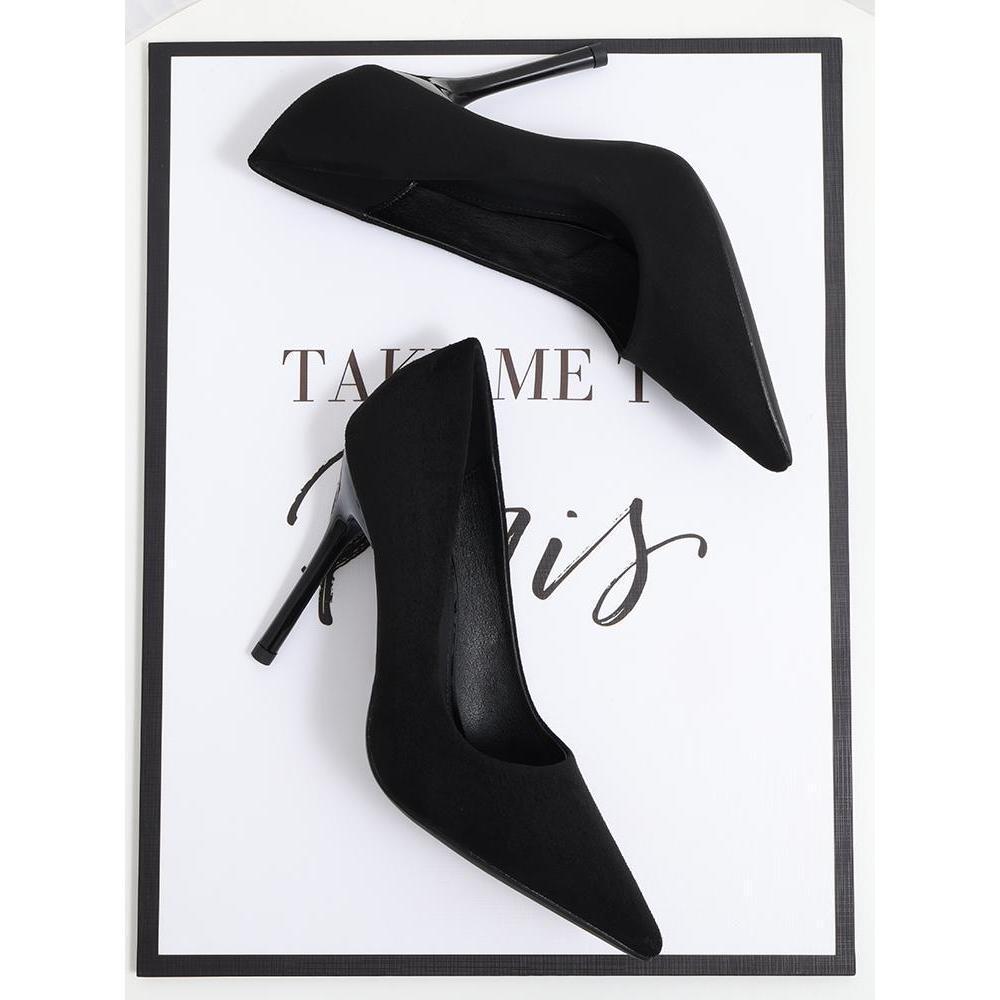 2023 new all-match pointed toe work single shoes black high-heeled women's stiletto suede temperament professional women's shoes