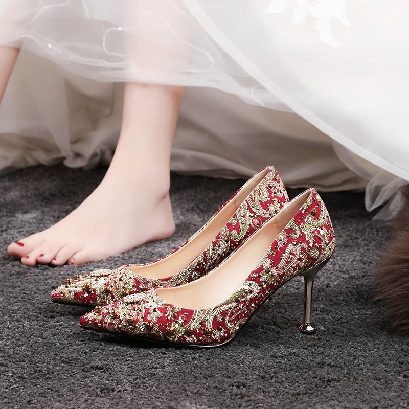 秀禾鞋婚鞋女紅色中式新娘鞋結婚鞋子鉚釘高跟鞋貓跟2023新款細跟