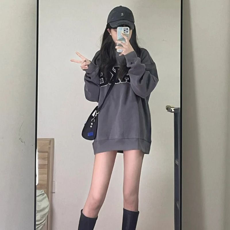 吉兔狗 纯棉卫衣女秋冬气质甜美字母印花宽松圆领套头早秋上衣女