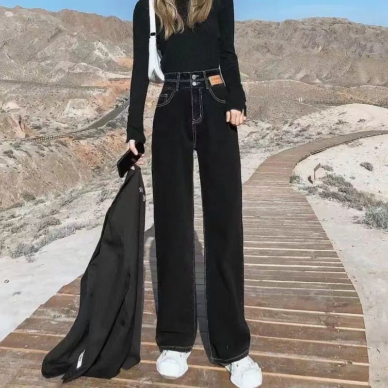 YSYOURS黑色明線高腰闊腿牛仔褲女直筒寬鬆春秋顯瘦大碼胖mm褲子