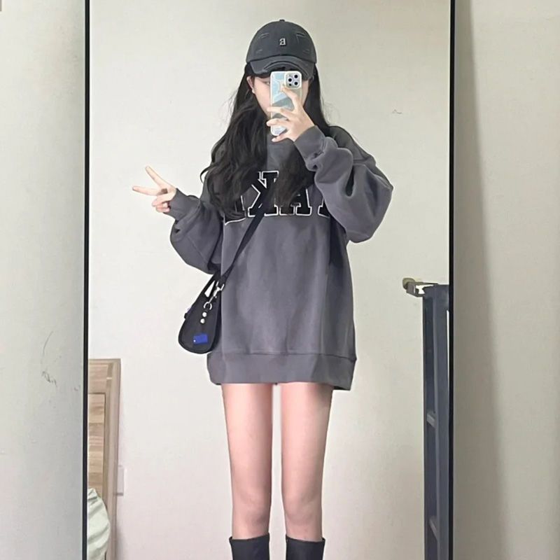 吉兔狗 纯棉卫衣女秋冬气质甜美字母印花宽松圆领套头早秋上衣女
