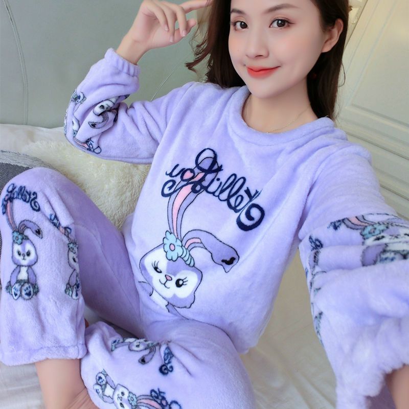 Autumn and winter pajamas ladies coral fleece winter plus velvet thickened flannel cute home service winter 2022 suit