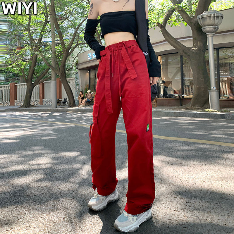 WIYI 美式嘻哈hiphop紅色復古工裝褲女秋冬新款多口袋設計感闊腿