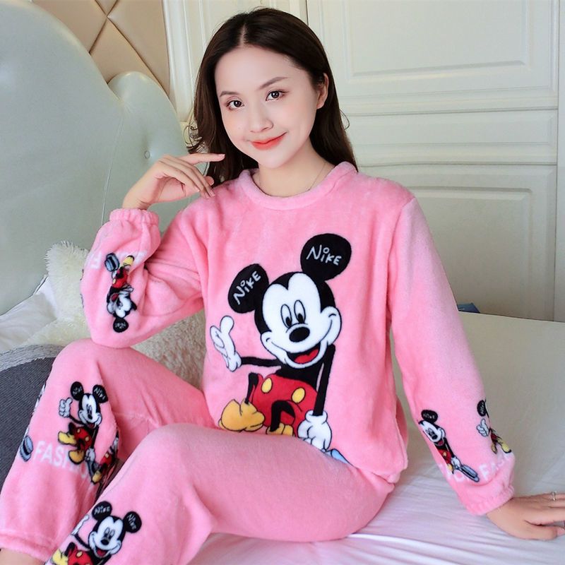 Autumn and winter pajamas women's flannel thickened long-sleeved Korean version cute large size coral fleece winter ladies home service suit