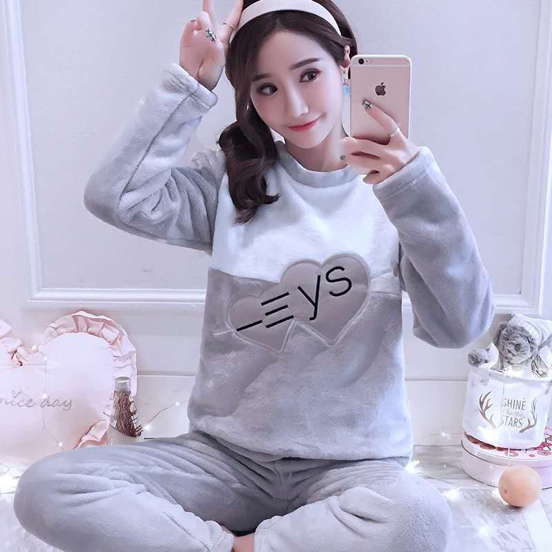 Pajamas women's autumn and winter women's thick flannel cotton pajamas ins long-sleeved coral fleece cute home service suit