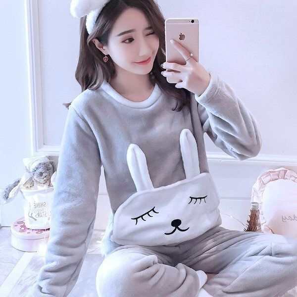 Pajamas women's autumn and winter women's thick flannel cotton pajamas ins long-sleeved coral fleece cute home service suit