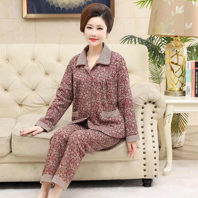 Middle-aged and elderly mother's pajamas women's spring and autumn pure cotton long-sleeved cardigan for the elderly thin section large size home service suit