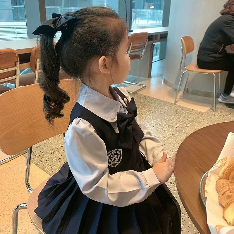 女童連衣裙秋裝jk制服春季學院風假兩件裙子早秋寶寶連衣裙英倫風